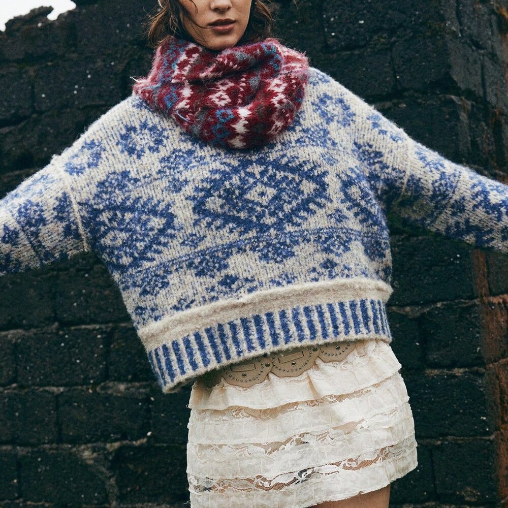 Blue And White Boho Women's Fuzzy Sweater - Picture 4 of 9